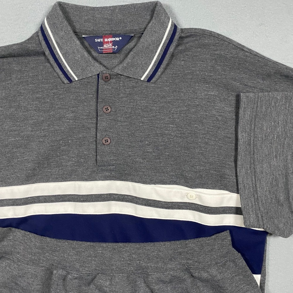 Safe Harbor Mens Gray Striped Short Sleeve Polo Shirt Elastic Hem Size M